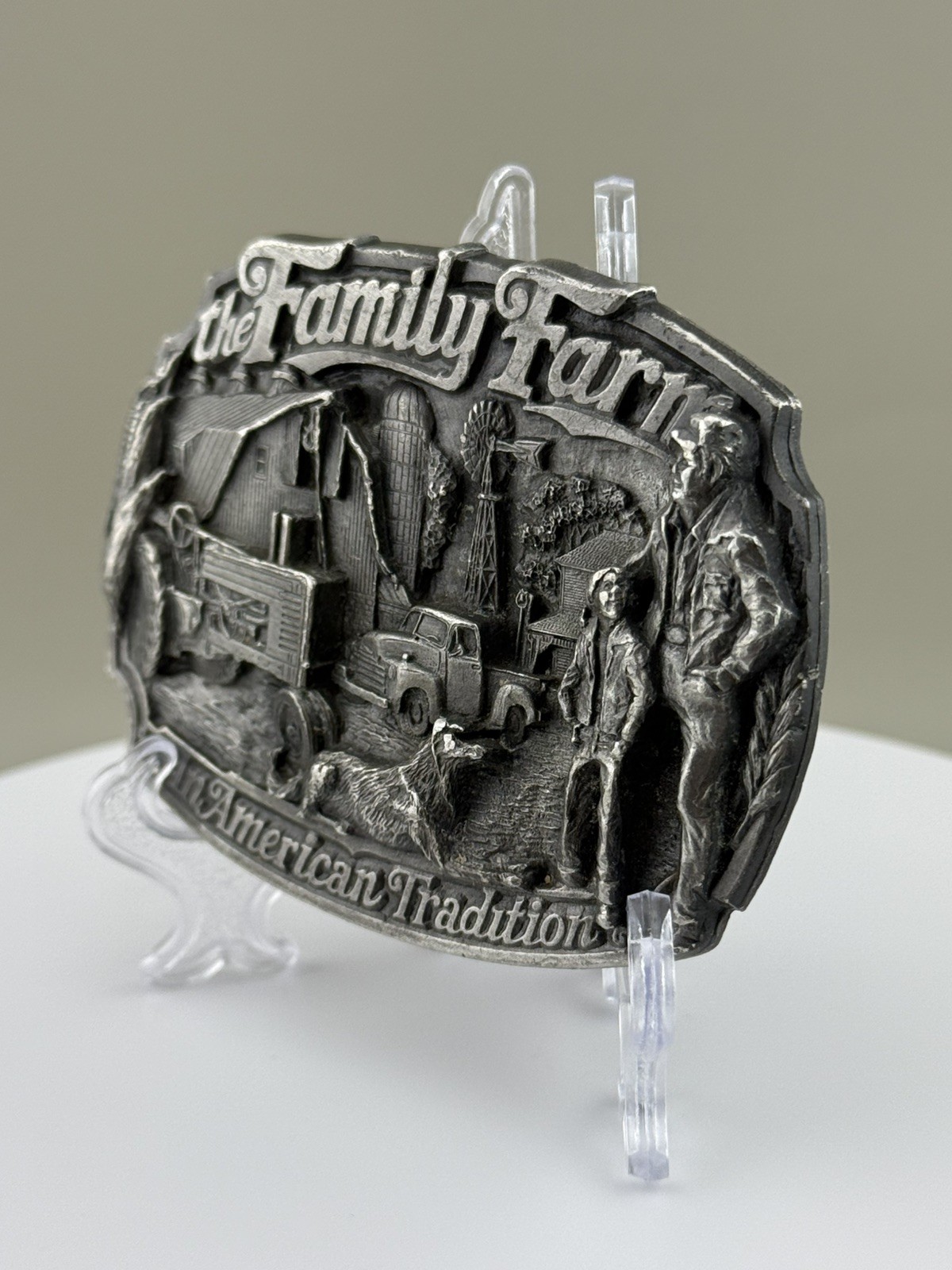 Family Farm Belt Buckle American Tradition Tractor Barn Vintage Pewter C+J 1986