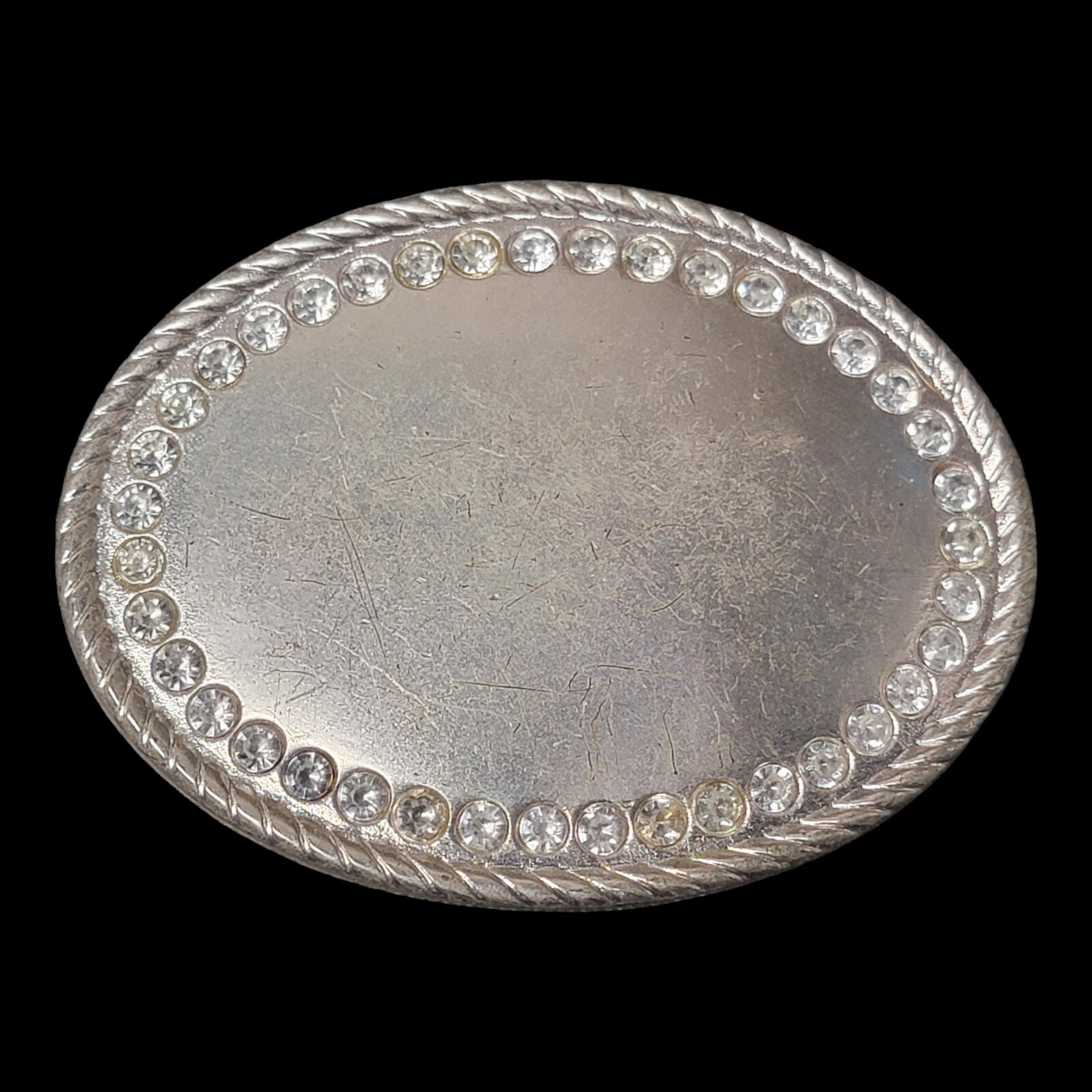 Vintage Belt Buckle Rhinestone Crystal Silver Western Scroll Cowgirl 80s