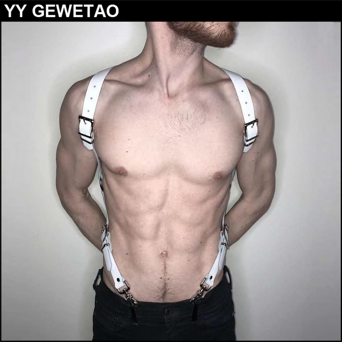 YY GEWETAO Men&rsquo;s White Leather Chest Half Body Harness Belt One Size,