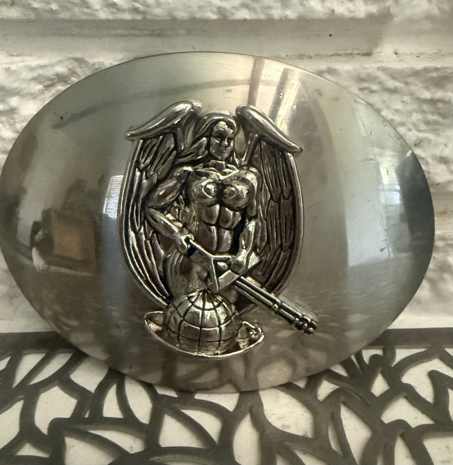Men&rsquo;s Oval Silver Metal Belt Buckle Angel Military Western Style Fits 1.5in