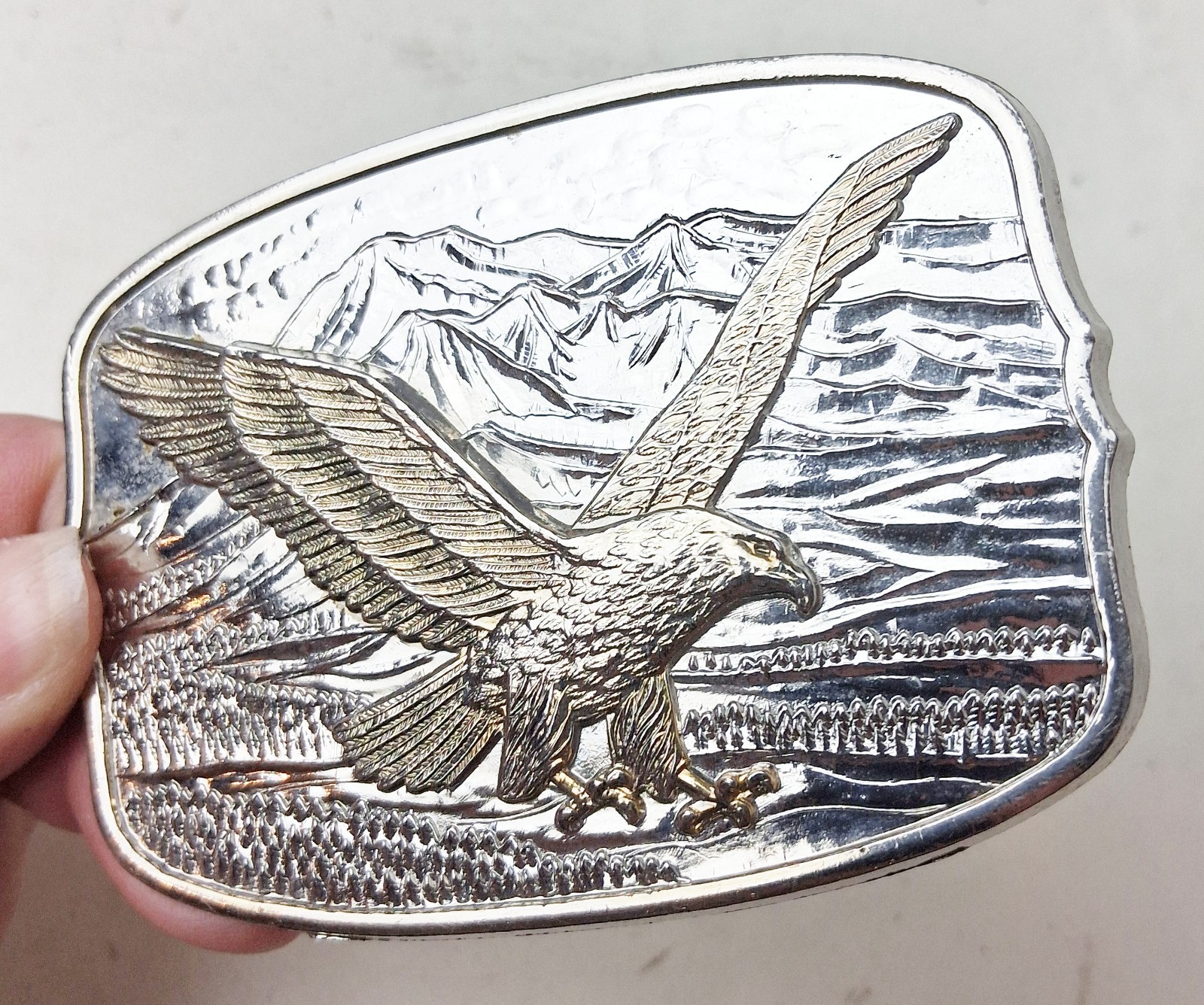 Vintage Metal Flying Eagle with Mountains Two Toned Western Style Belt Buckle