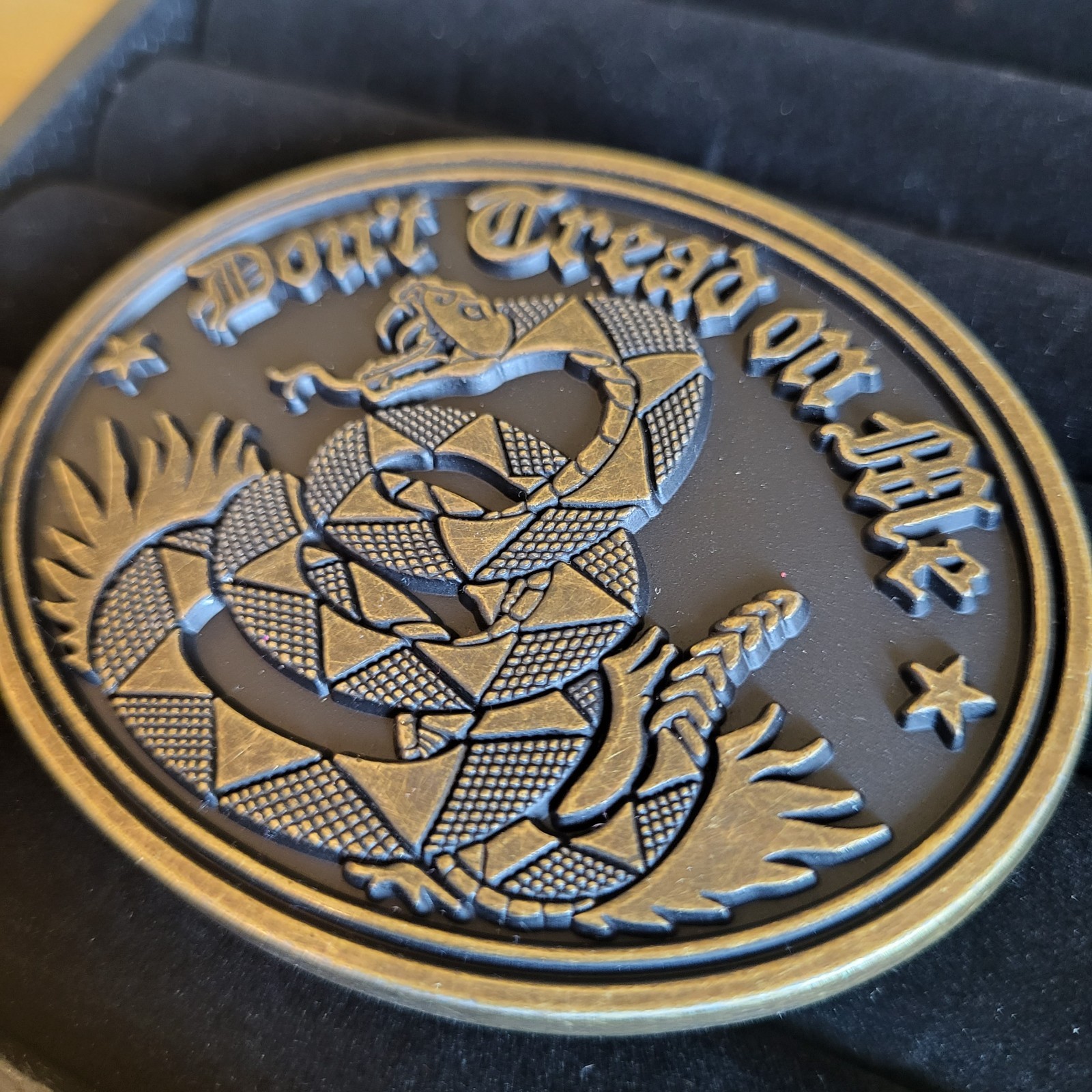Don&rsquo;t Tread On Me Biker Belt Buckle Gadsden Flag & Snake Antique Bronze Finish