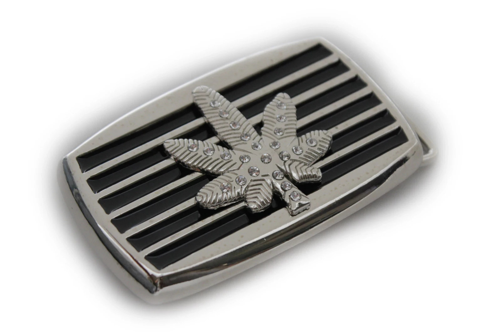 Men Silver Black Metal Belt Buckle Marijuana Leaf Cannabis Plant Statement