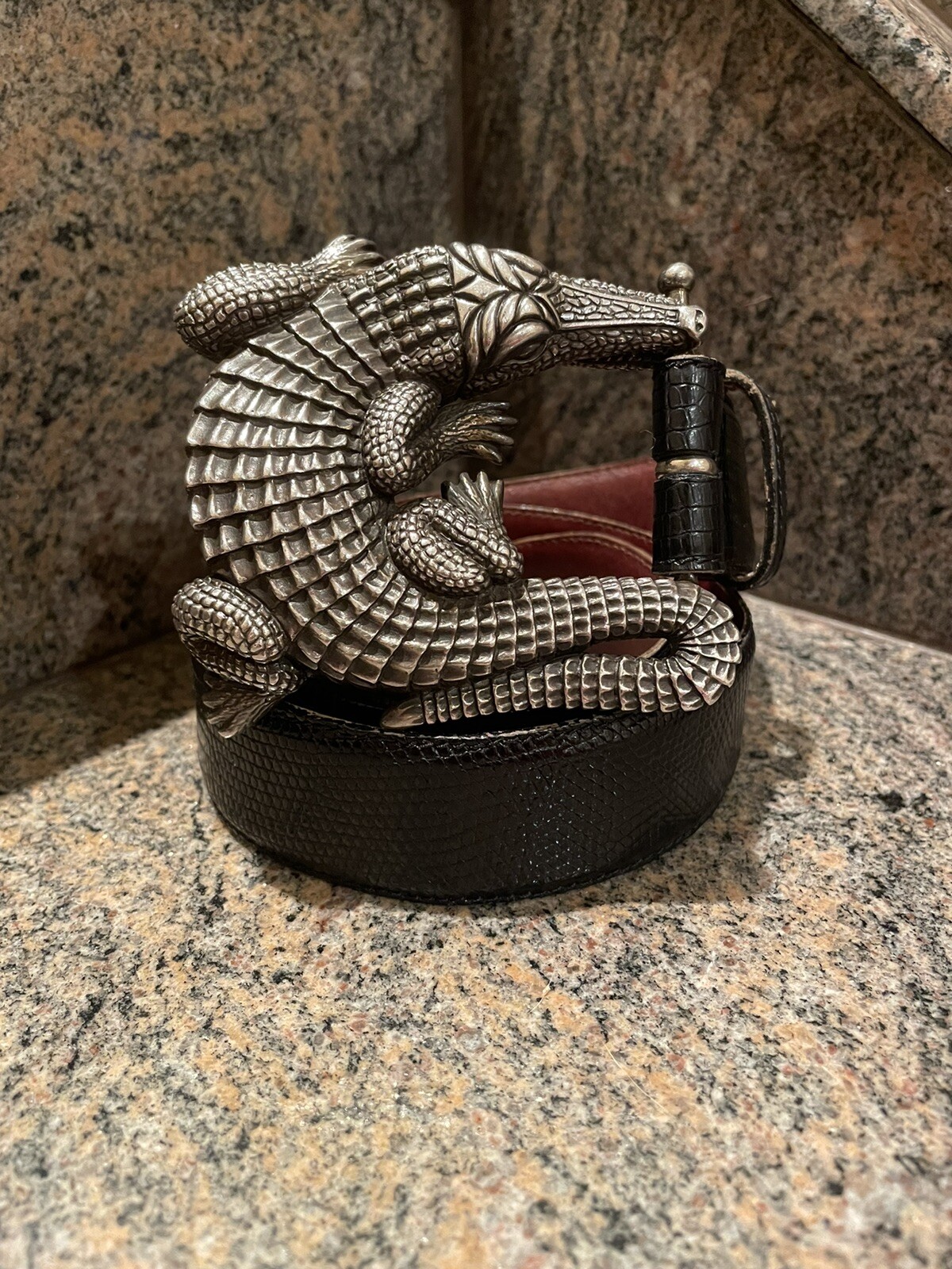 Huge Kieselstein-Cord Sterling Alligator Buckle With Black Lizard Belt Size 1