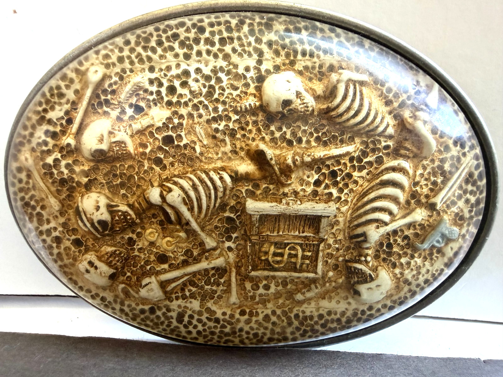 TWO SILVER TONE METAL MOMENTO MORI SKELETON BELT BUCKLES