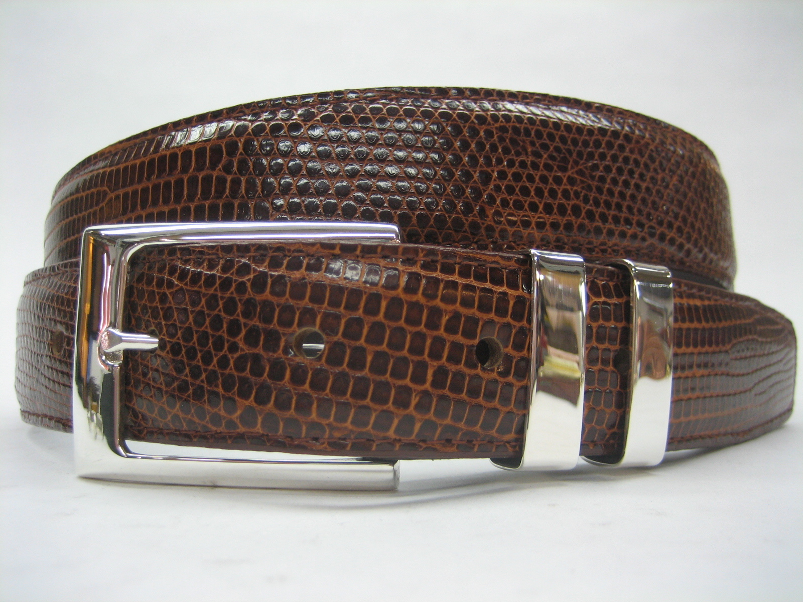 Sterling silver 925 three piece buckle set and Genuine Lizard 30 mm belt U.S.A..