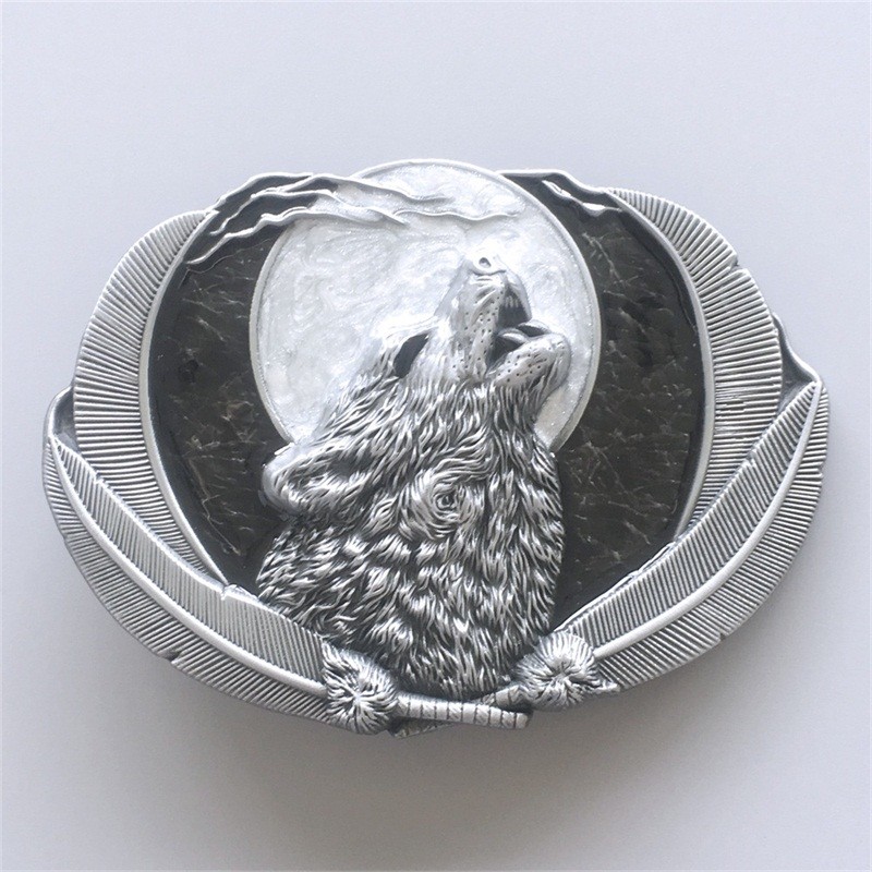 Enamel Animal Moon Wildlife Shout Wolf Oval Western Belt Buckle