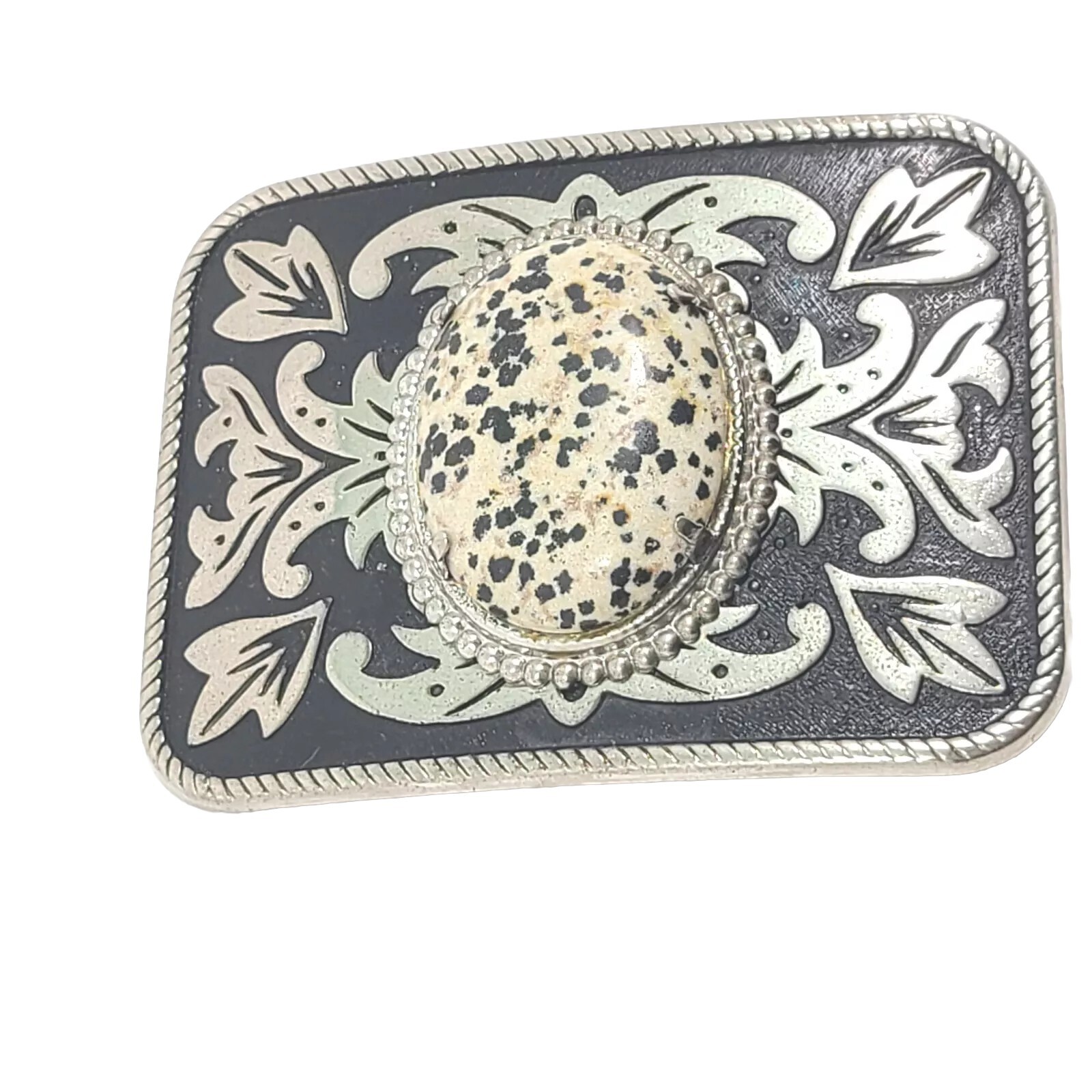 Western Belt Buckle Spotted Stone Center Dalmation Jasper Agate Metal Cowboy Vtg