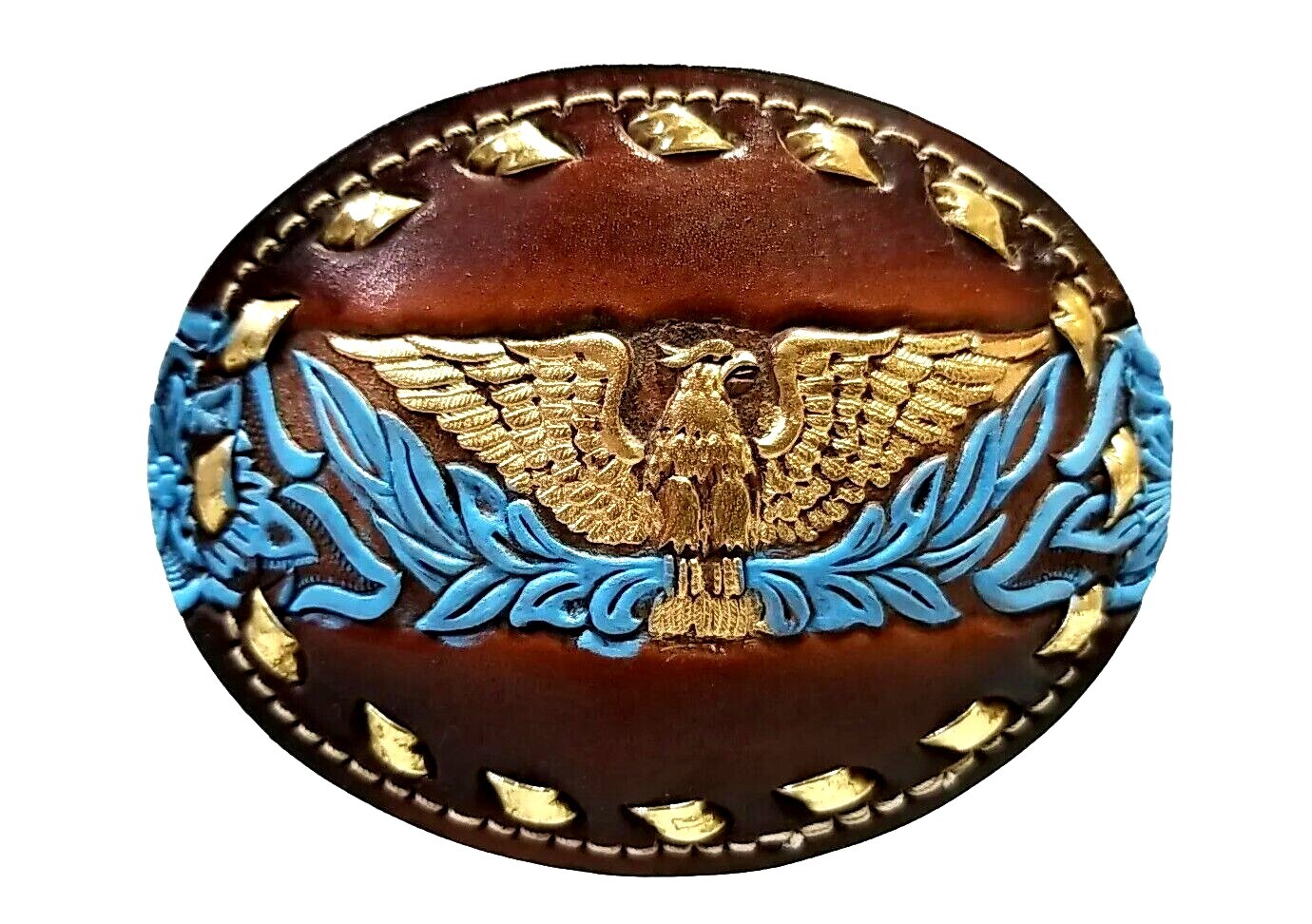 EAGLE Belt BUCKLE w/ GOLD BUCKSTITCHING Lg HANDMADE Brown LEATHER Western/Biker