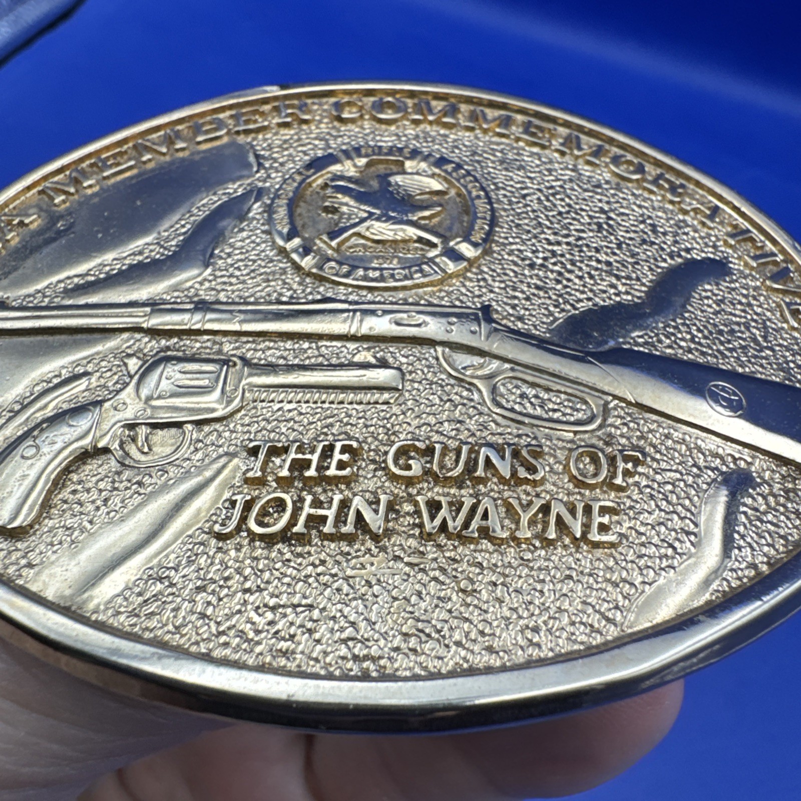 NRA member commemorative Brass Belt buckle the guns of John wayne New Excellent