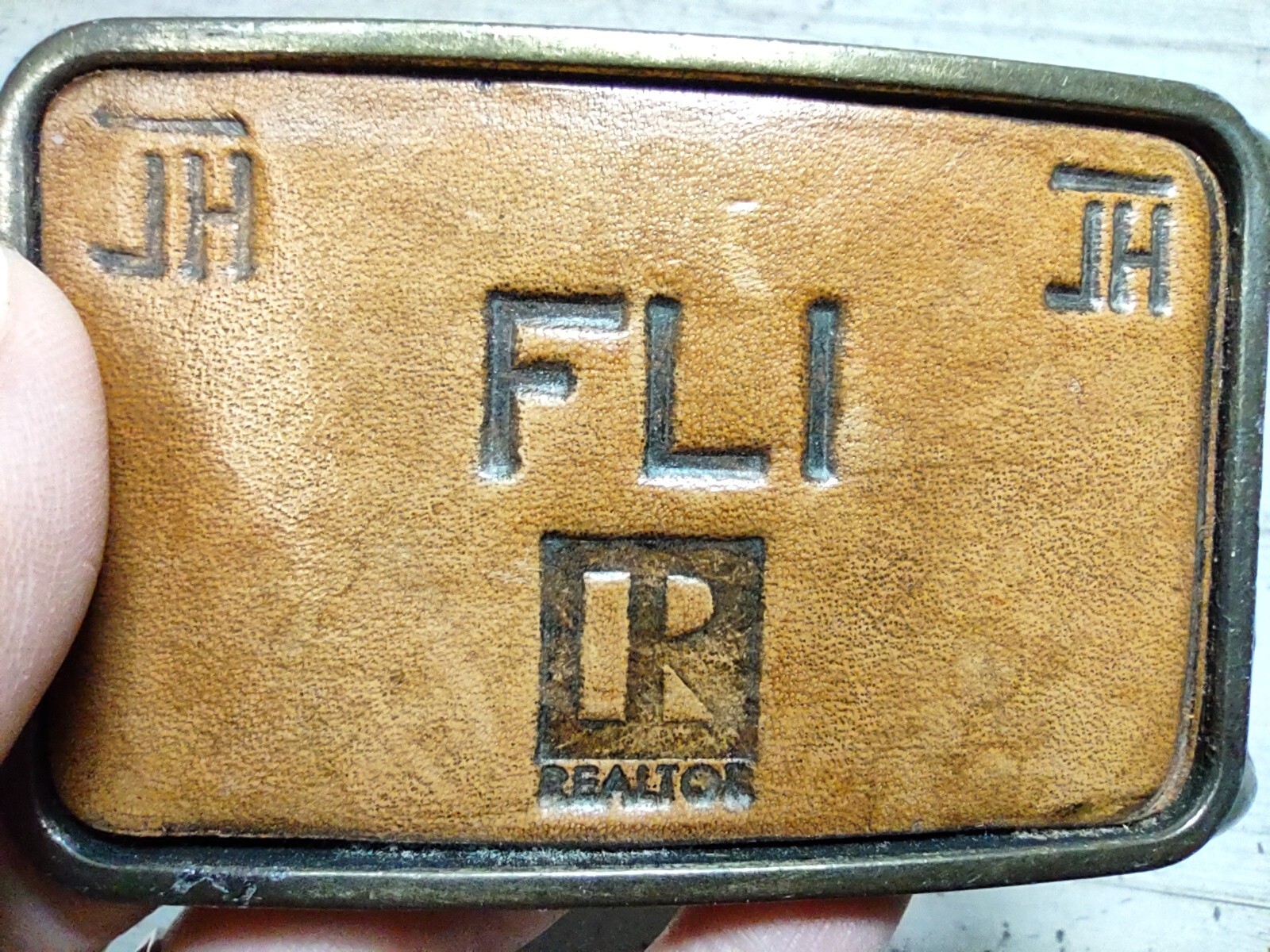 Vintage FLI Realtor JH Branded Leather and Brass Belt Buckle 3&Prime; by 2&Prime;