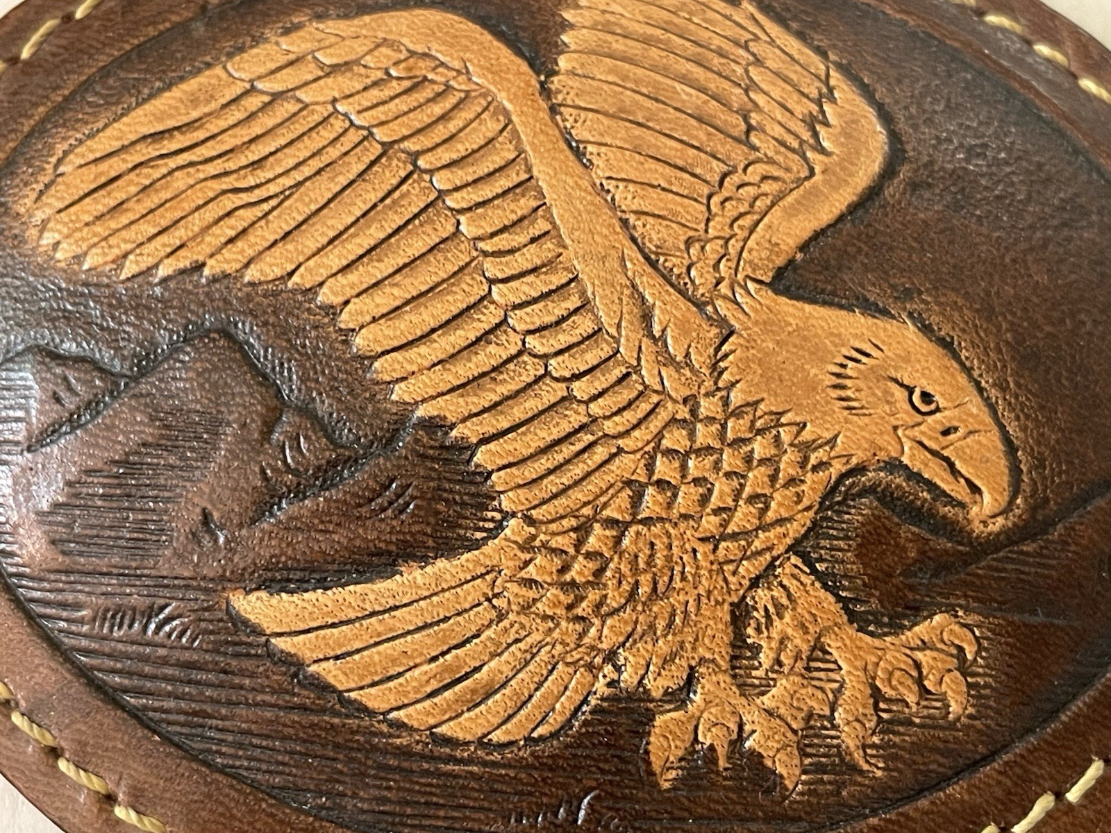 Vintage AMERICAN EAGLE Hand Tooled Leather Belt Buckle Western Cowboy Rodeo 3.5”
