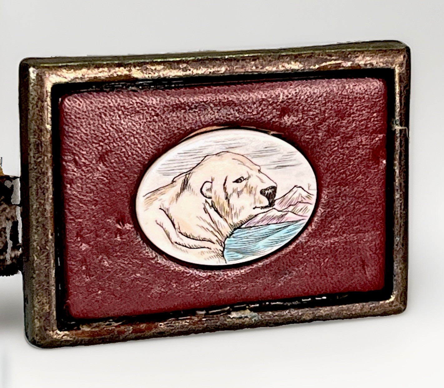 VTG Solid Brass Belt Buckle w/ Leather Native Made Polar Bear Scrimshaw Center