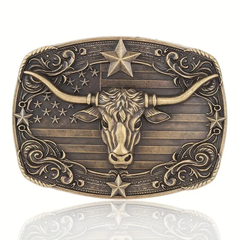 American Flag Bull Western Cowboy, Cowgirl Belt Buckle Antique Bronze Tone