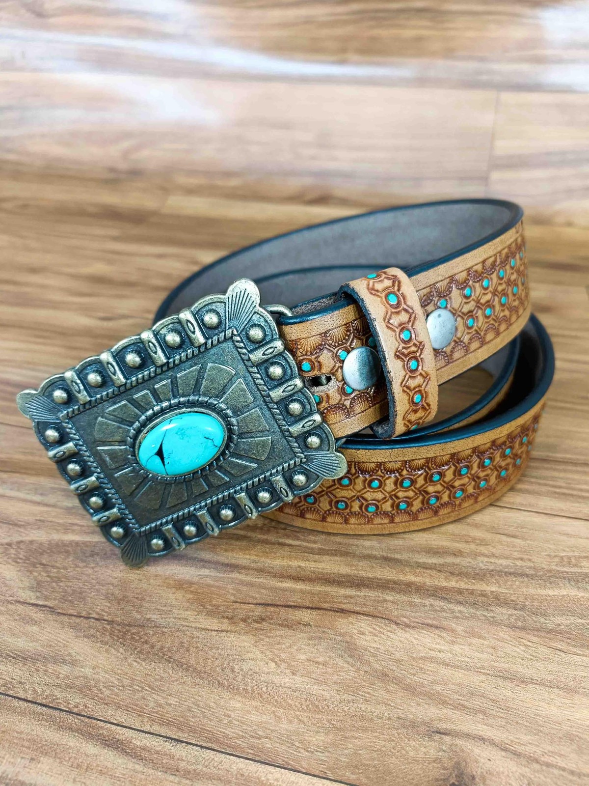 Paul Walter Antique Brass Concho Buckle with Turquoise Large (36-38), Brown