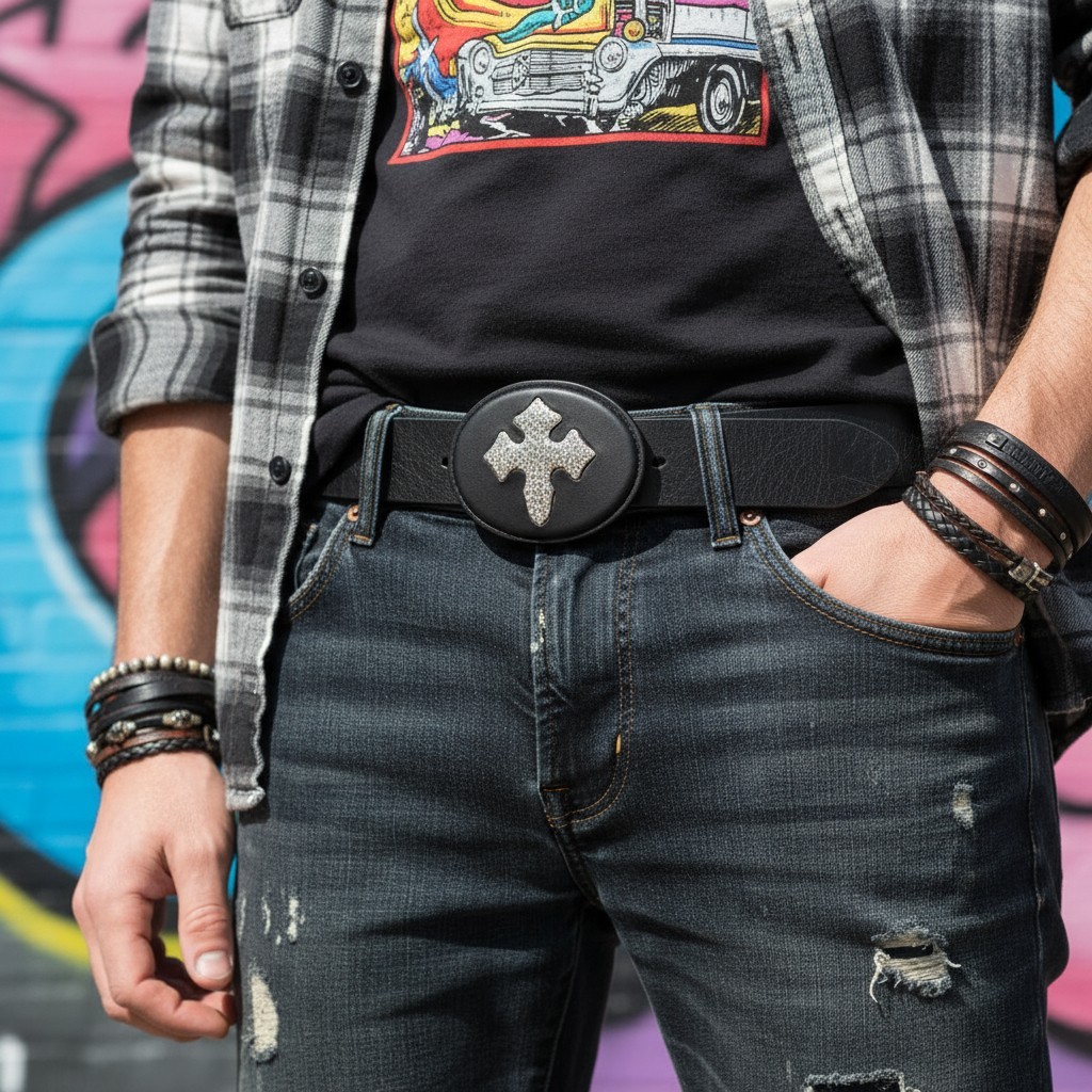 Men Women Fashion Black Oval Belt Buckle Silver Metal Bling Cross Religious Look