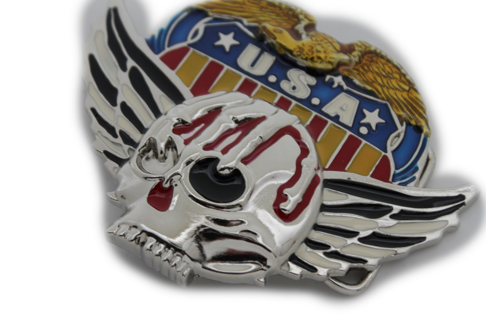 NEW Men Silver Belt Buckle Skull Wings Skeleton USA Army American Eagle Bloody