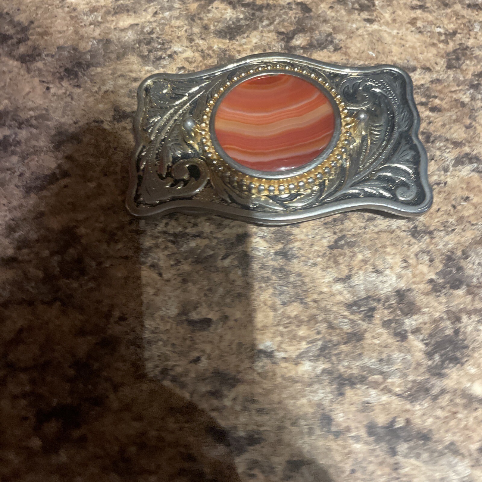 Western Belt Buckle Wood Cabochon Goldtone Metal Black Background Leaf 3.5 X 2.5