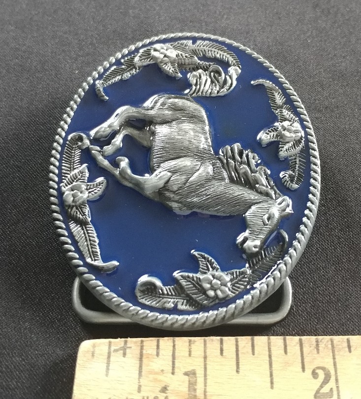 HORSE RUNNING GALLOPING WESTERN FLORAL FLOWER THEME DESIGN BLUE BELT BUCKLE
