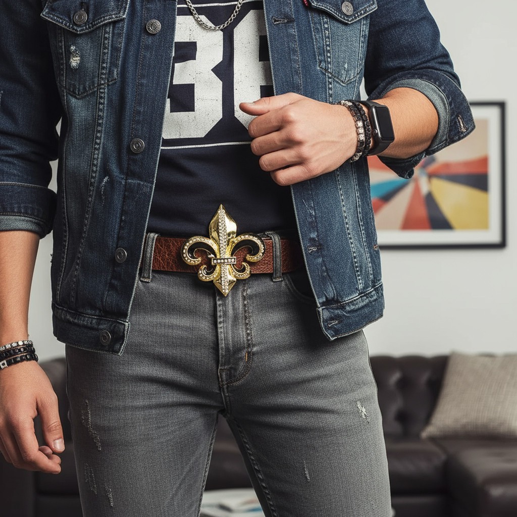 Men Women Teen Gold Metal Belt Buckle Fashion Bling Big Fleur De Lis Lily Flower