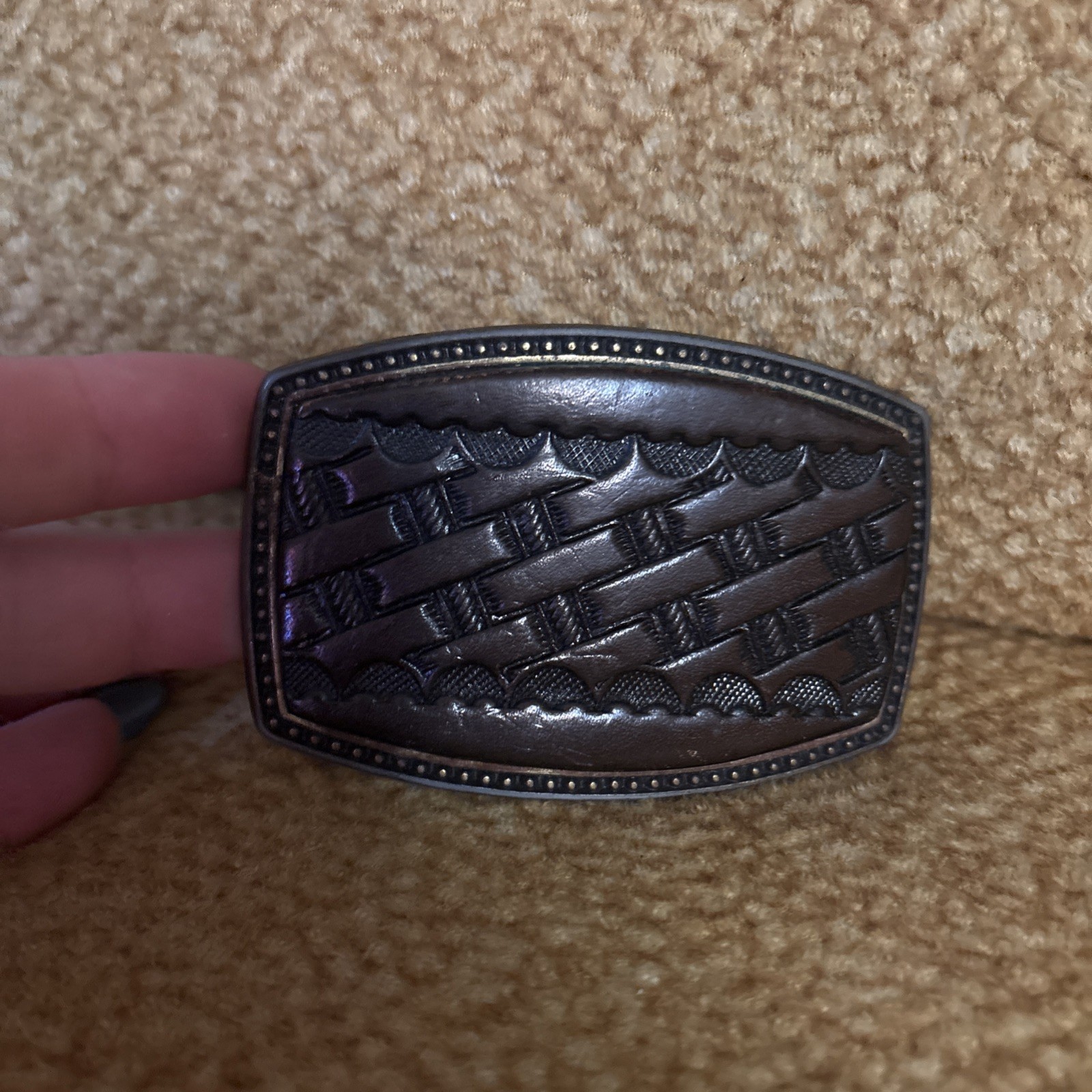 Alumaline Western Woven Tooled Leather Look Belt Buckle BB-317 Brass 4108 Vtg