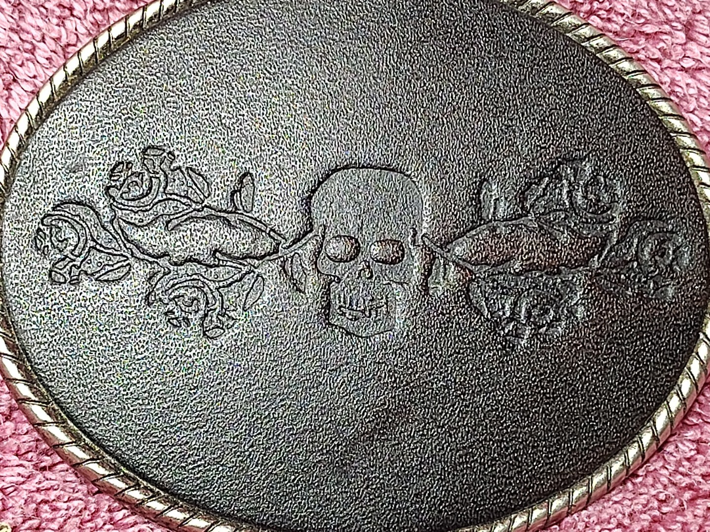 Skull With Roses & Brambles Belt Buckle on Stamped Black Leather 3.75&Prime; x 3&Prime;