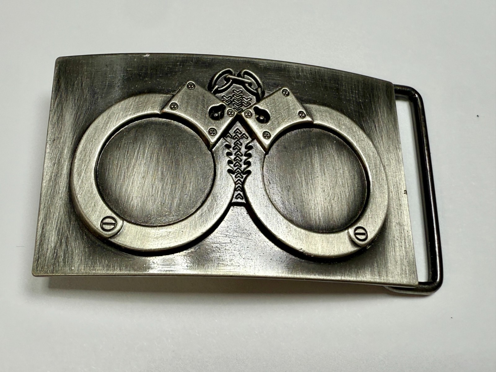 Hand Cuffs Raised Handcuffs on Silver Color Rectangular Belt Buckle