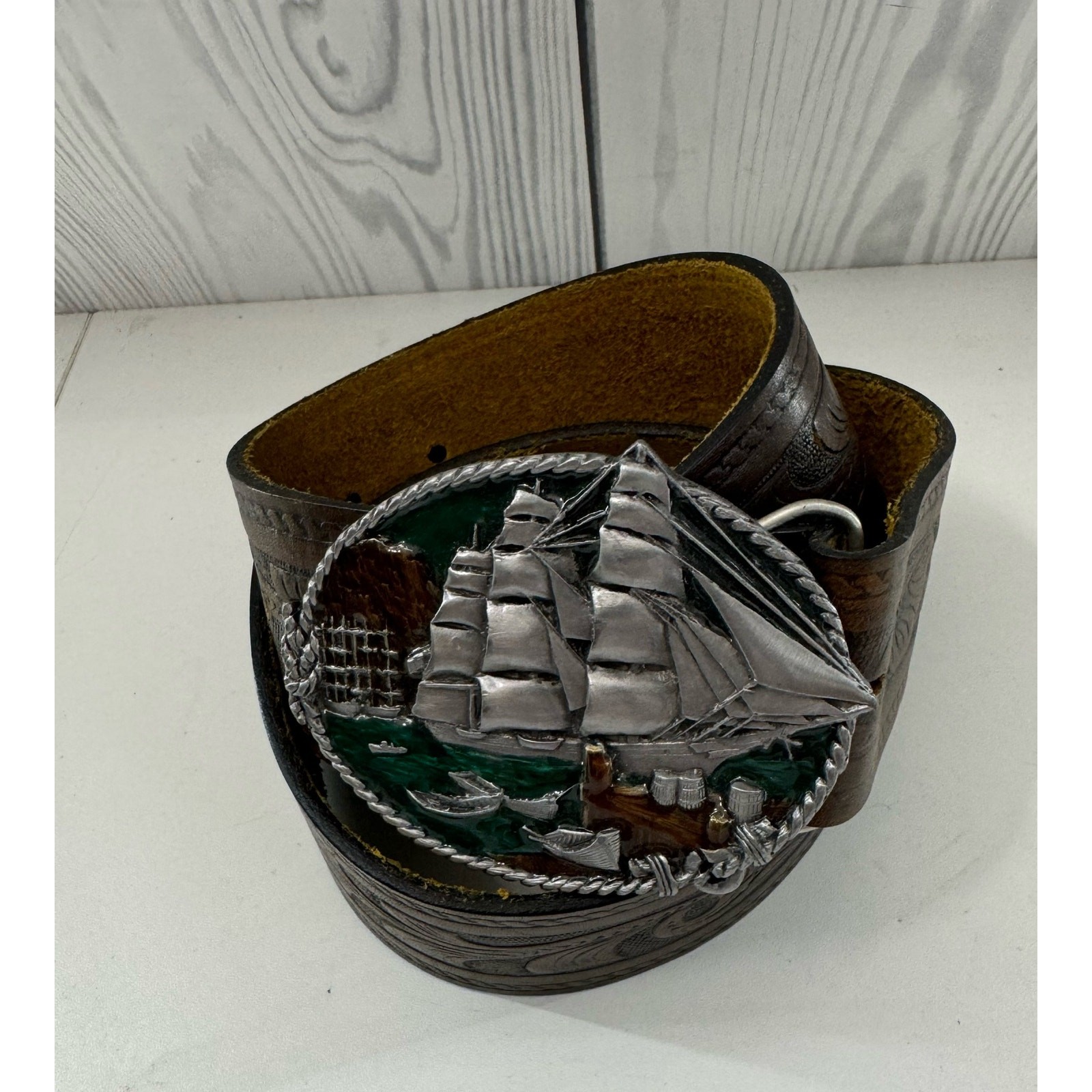 Bergamot 1983 Vintage Brass Works Belt Buckle Sailing Ship w/Belt