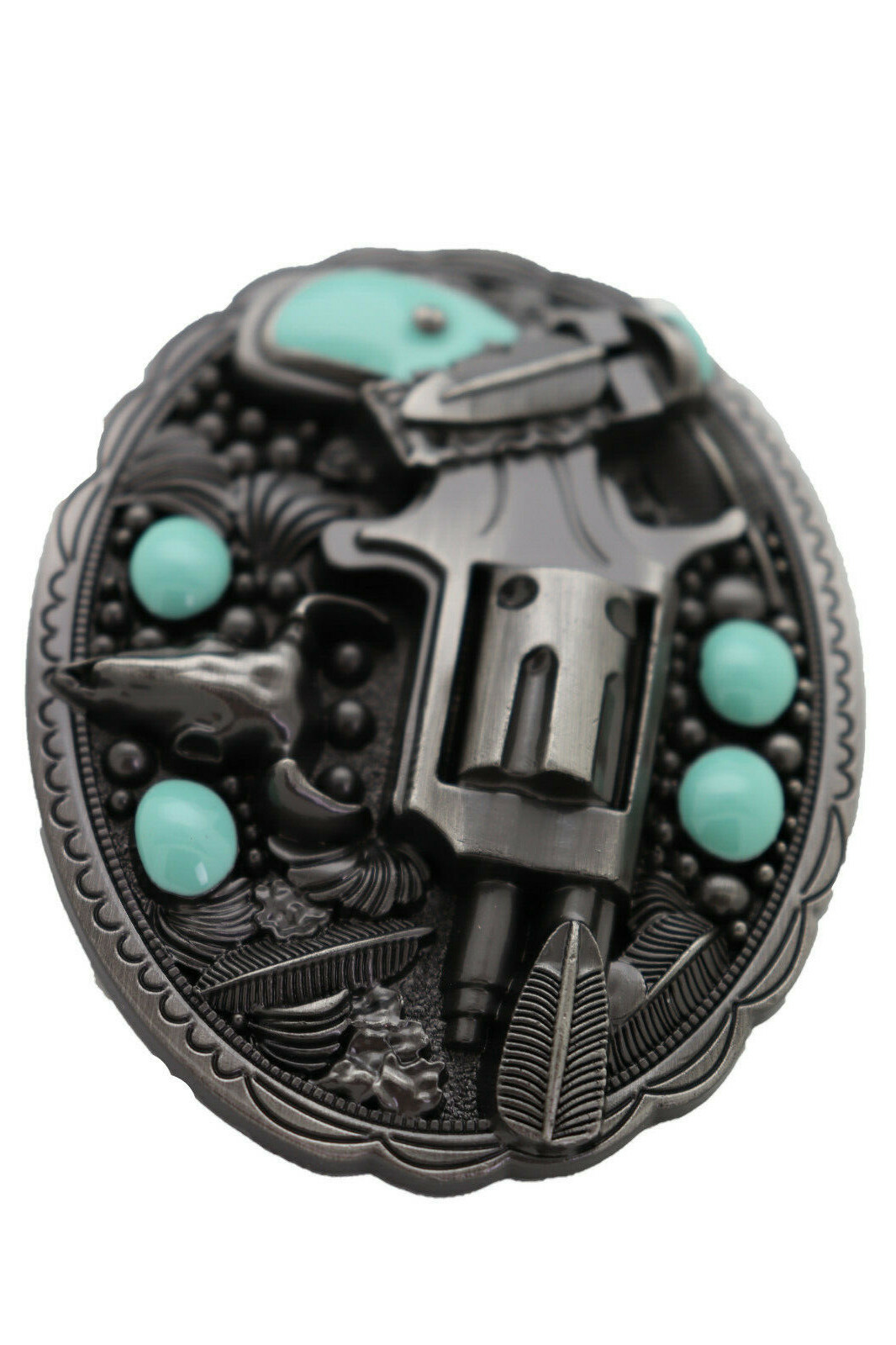 Men Western Buckle Dark Silver Metal Revolver Pistol Gun Feather Bull Turquoise