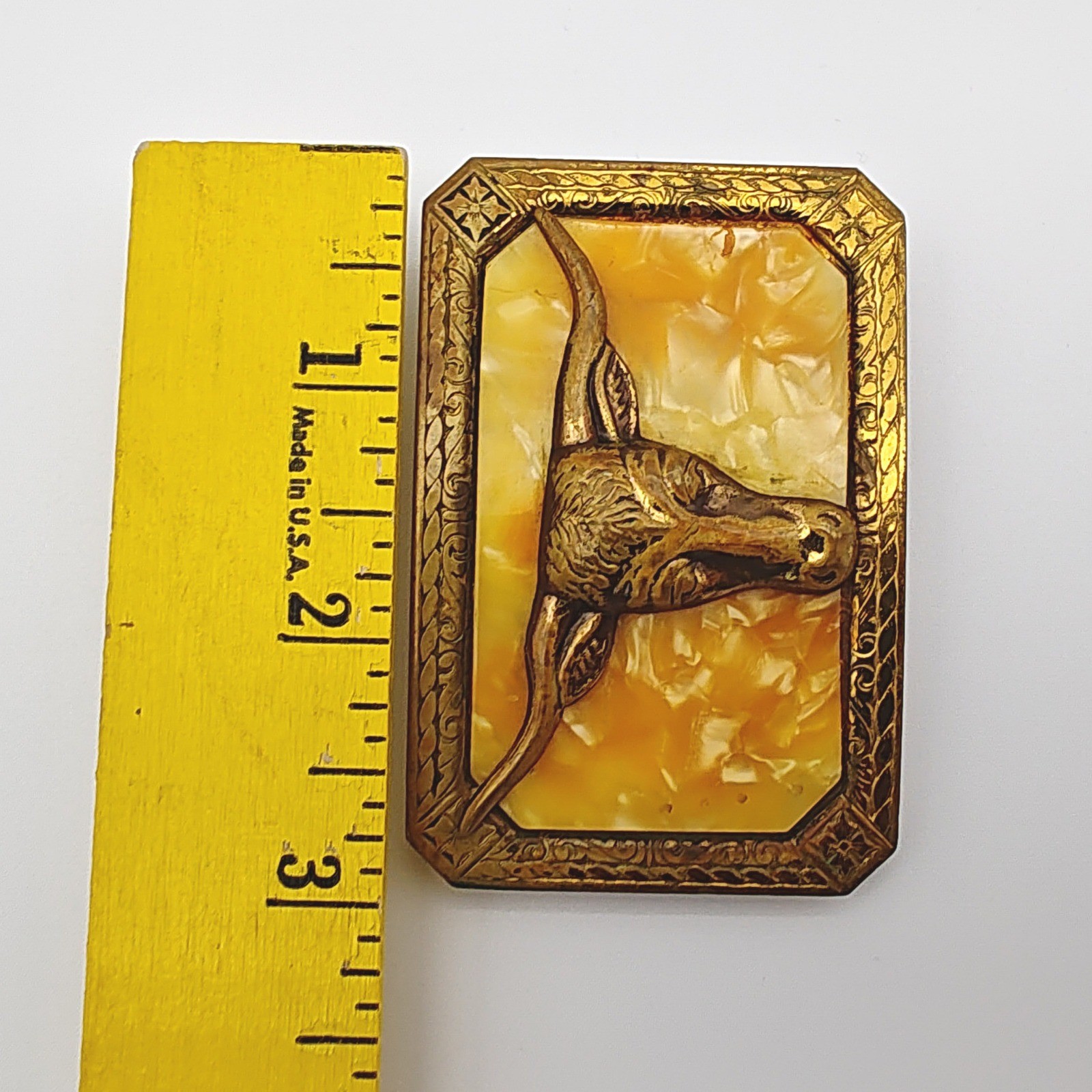 Vintage Western Longhorn Steer Belt Buckle Gold Tone Faux Marble Cowboy Rodeo