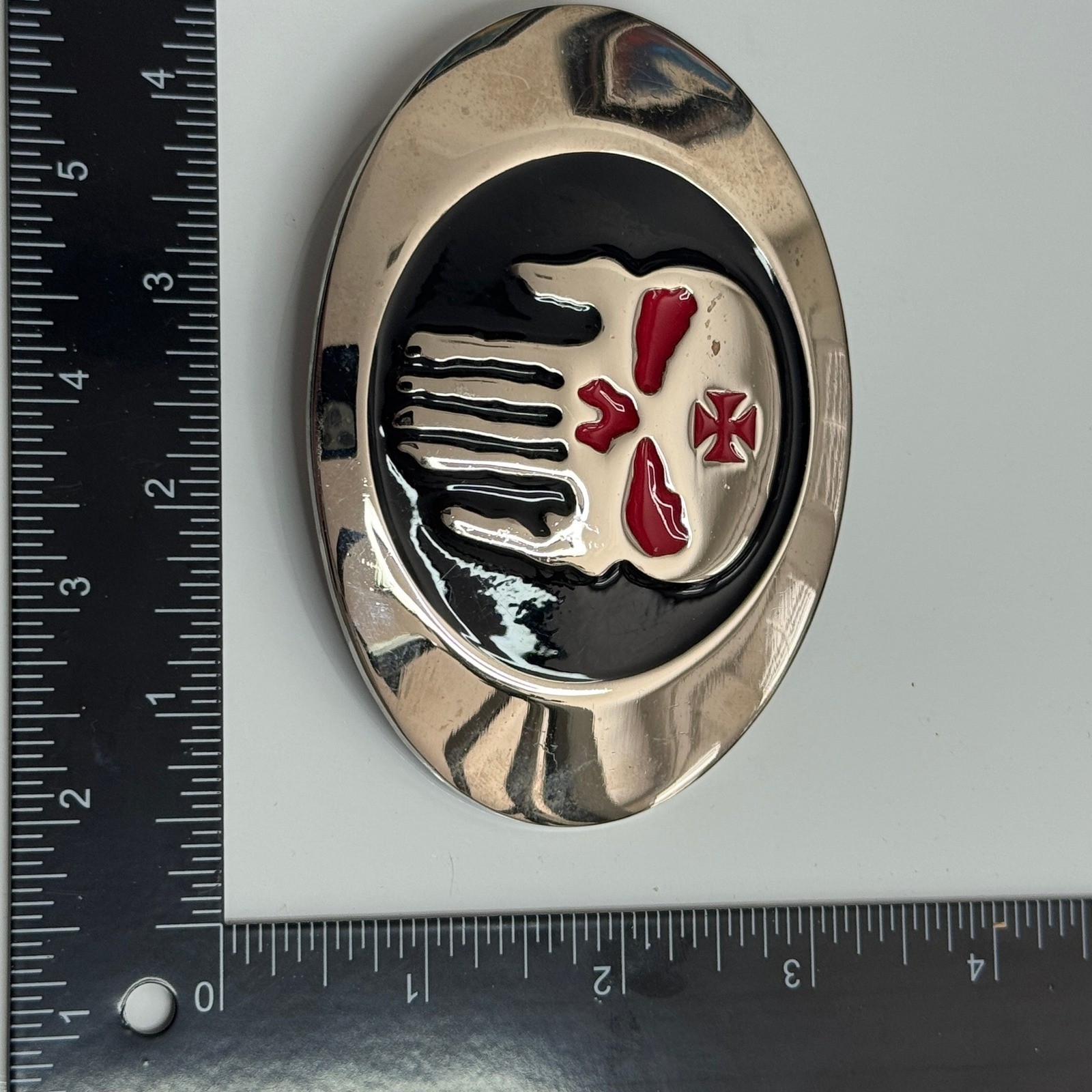 Punisher Skull Belt Buckle Metal Red Black Silver Tone Oval
