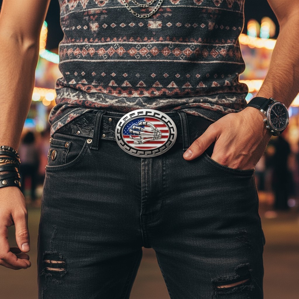 Men Silver Metal Belt Buckle Skull Skeleton Hand USA Flag United States America