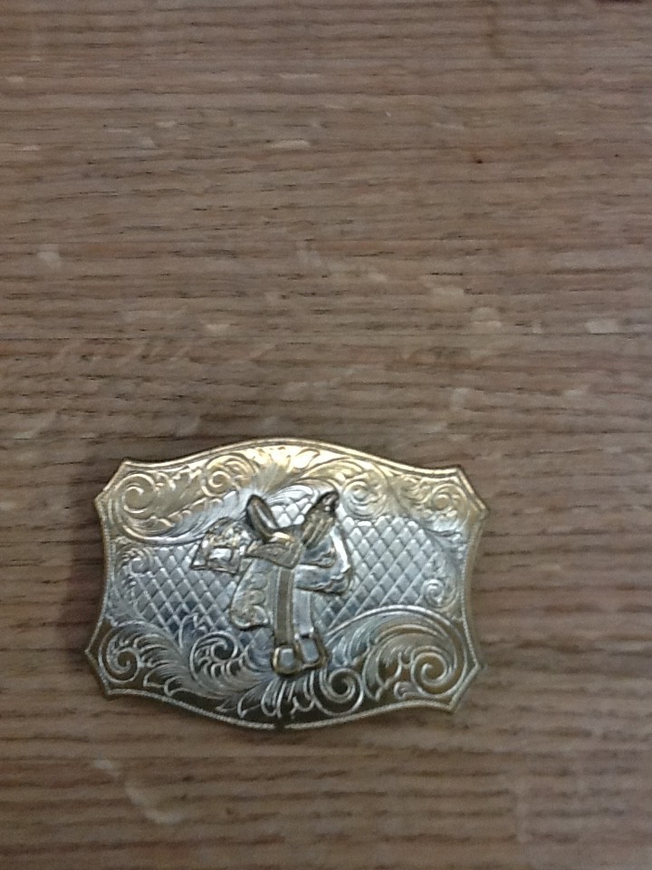 Vintage Western Horse Saddle Belt Buckle Solid Brass Engraved Floral Gold Tone
