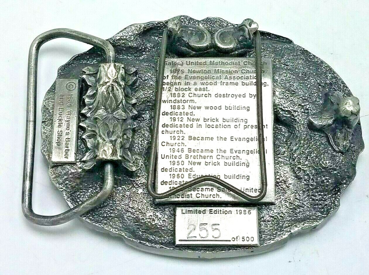 RARE 1986 Salem United Methodist Church Belt Buckle Newton, KS w Stand 255/500