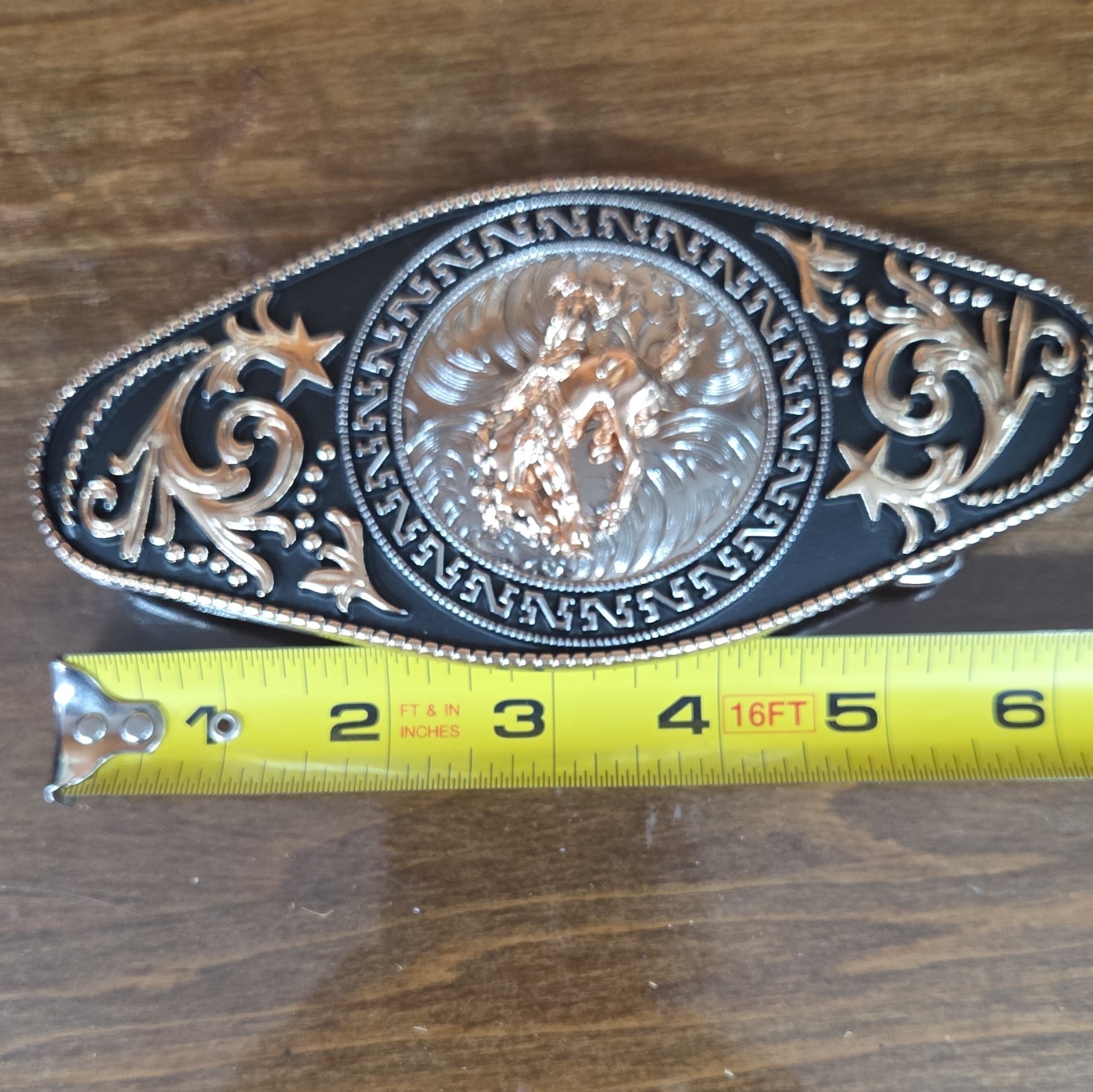 Oval Western Metal Belt Buckle Bull Rider Scroll Engraved Stars 1.5in