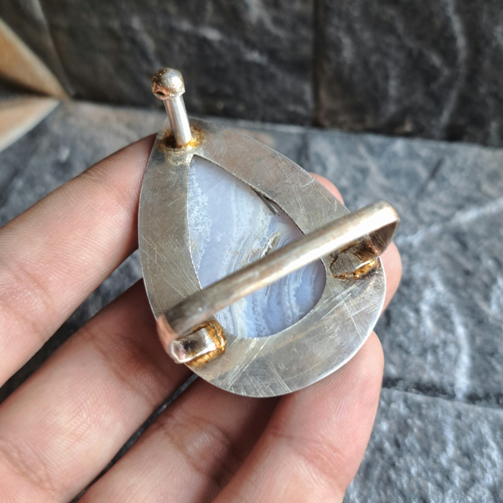 Blue Lace Agate Teardrop Silver Plated Belt Buckle Soft Lavender Banded Unisex