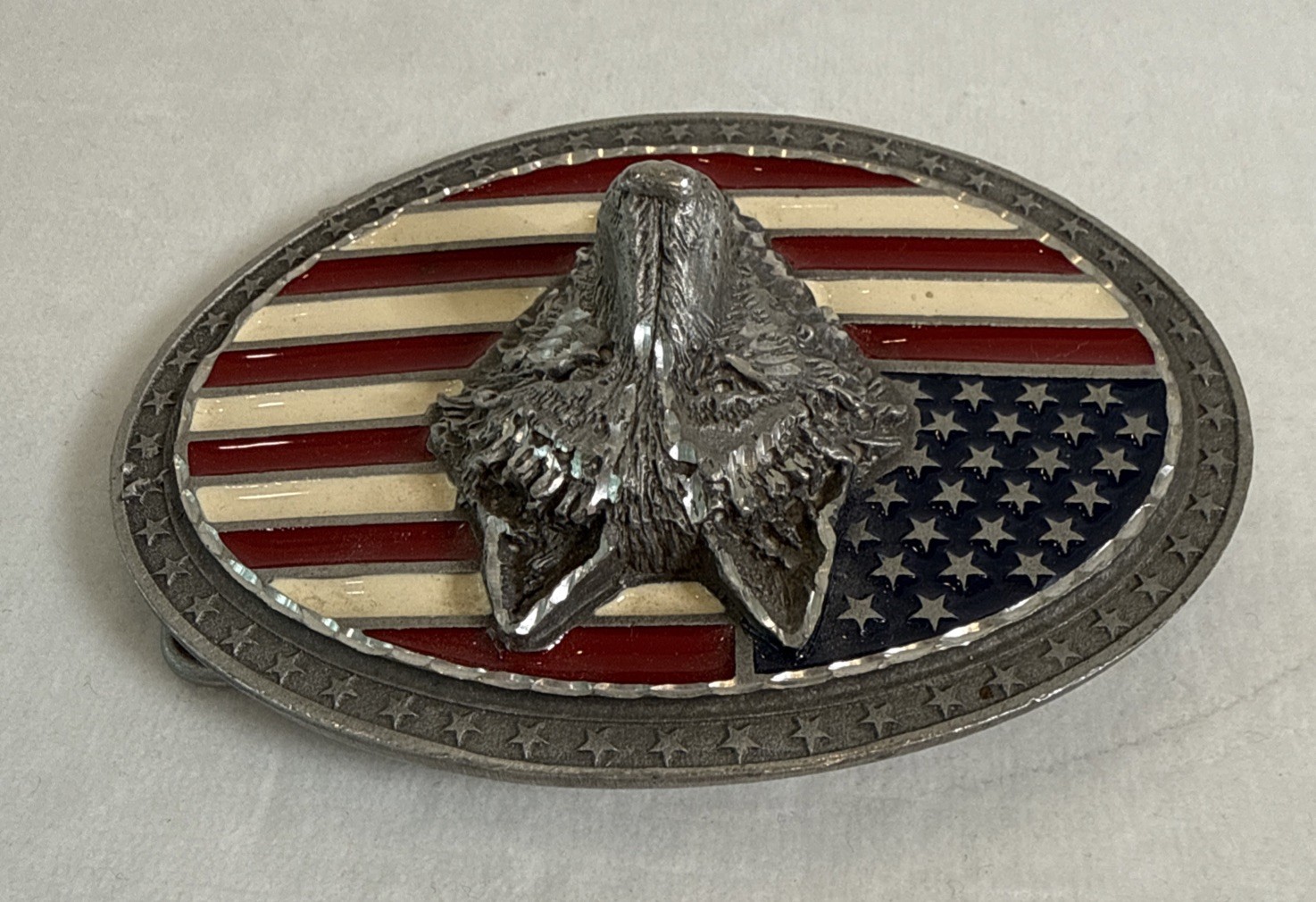Vtg Wolf Head American Flag Western Cowboy Belt Buckle USA Made Legends West