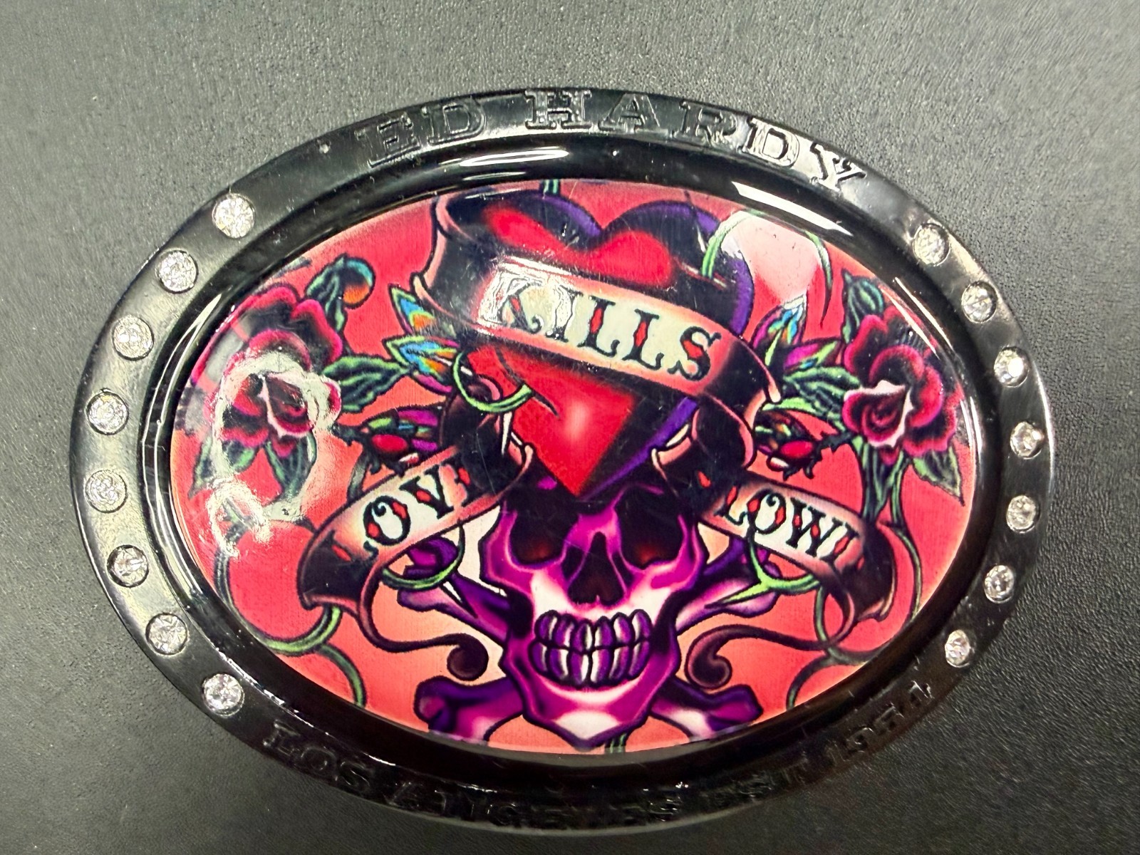 Ed Hardy Love Kills Slowly Signature Tattoo Skull with Rhinestones Belt Buckle