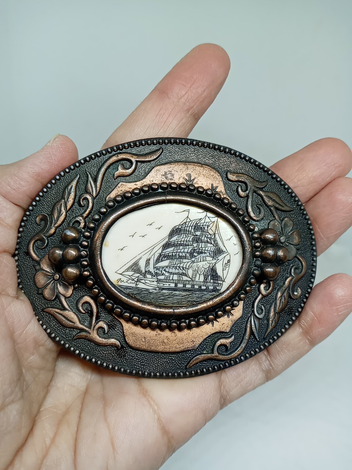 Vtg. 1970s Sailing Ship Belt Buckle W Birds. Brass Plated Metal. Ornate Edges.