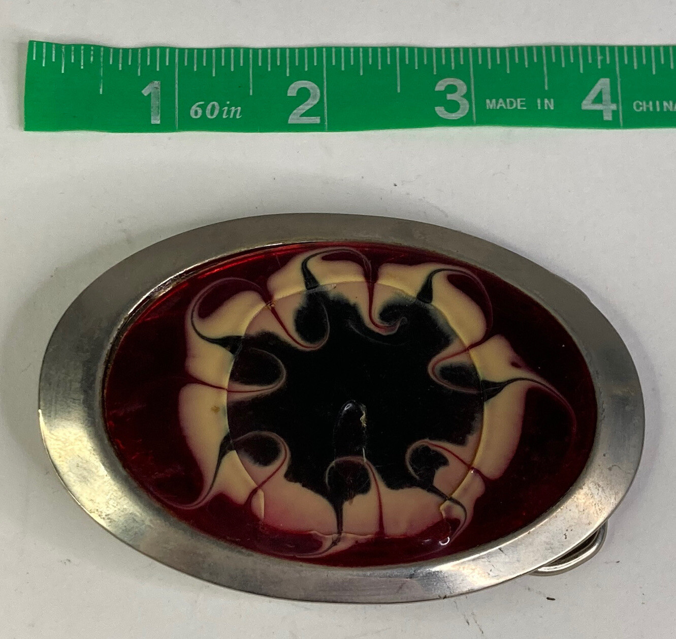 Black & Yellow Flower on Red Enamel Metal Belt Buckle