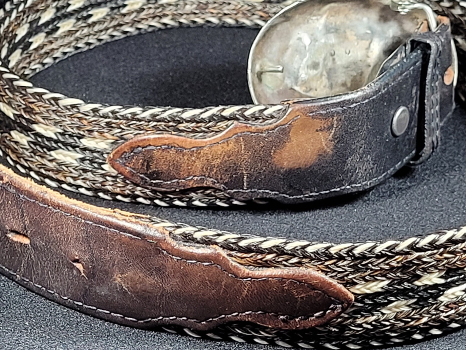 Braided Nylon And Leather Belt With Silver Turquoise Coral Belt Buckle 35097-11