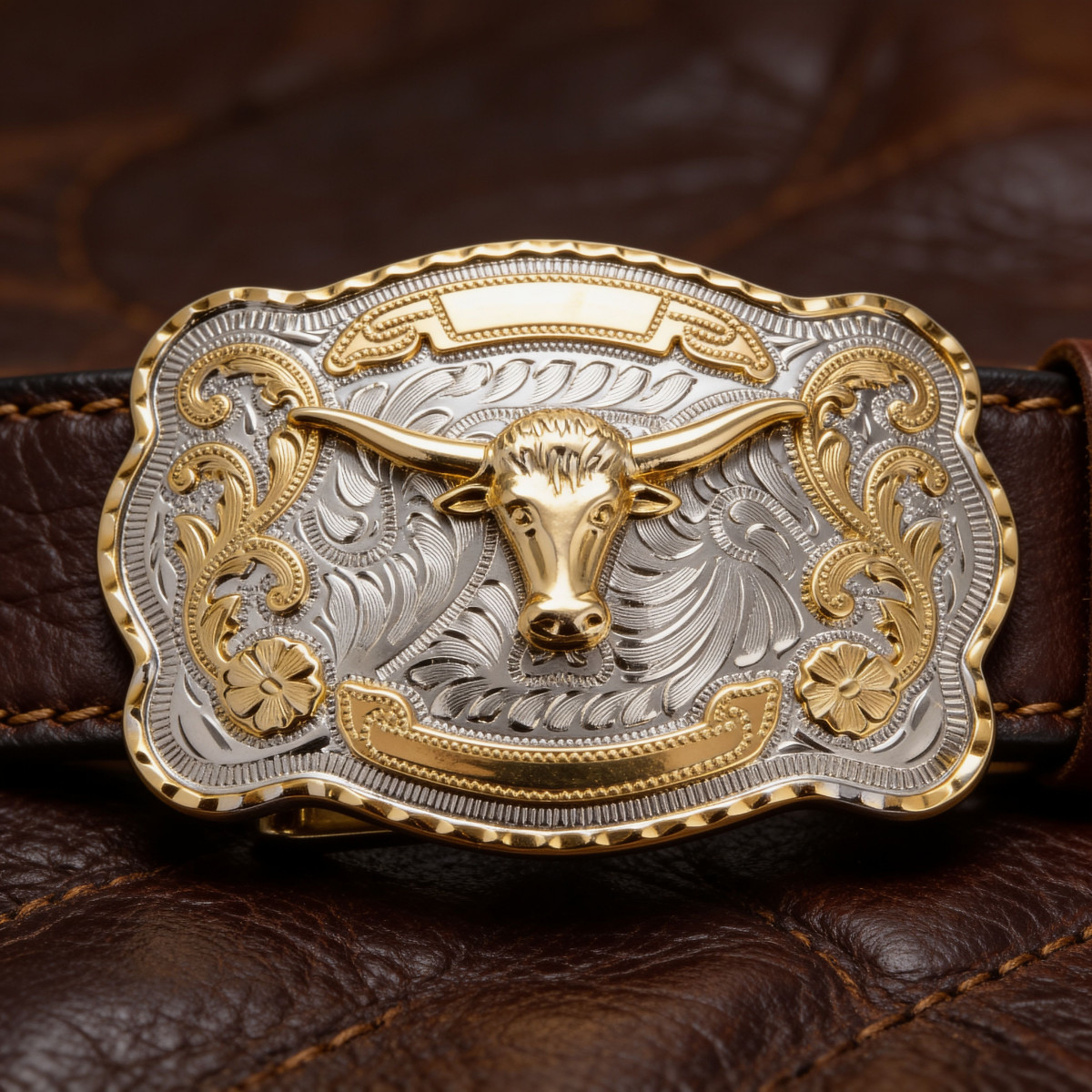 Western Belt Buckle Bull Head Longhorn Cowboy Rodeo Gold Tone Men Big 5.5&Prime; x 4&Prime;
