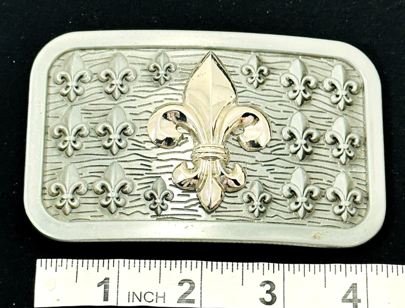 Belt Buckle Gold Tone Fleur De Lie Emblem on Silver Tone Rectangular