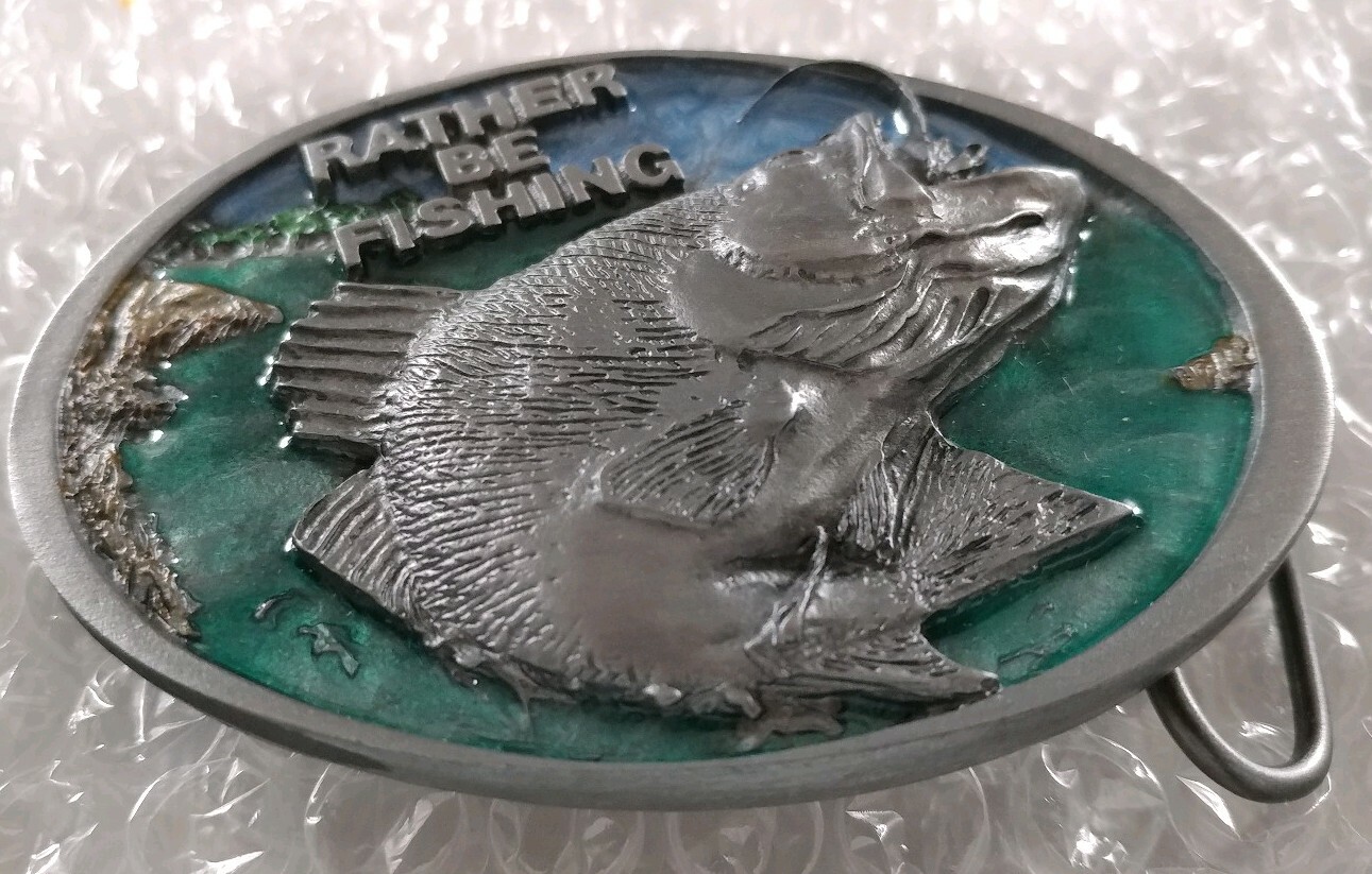 RATHER BE FISHING JUMPING FISH BASS TROUT FISHERMAN BELT BUCKLE MADE IN USA 1988
