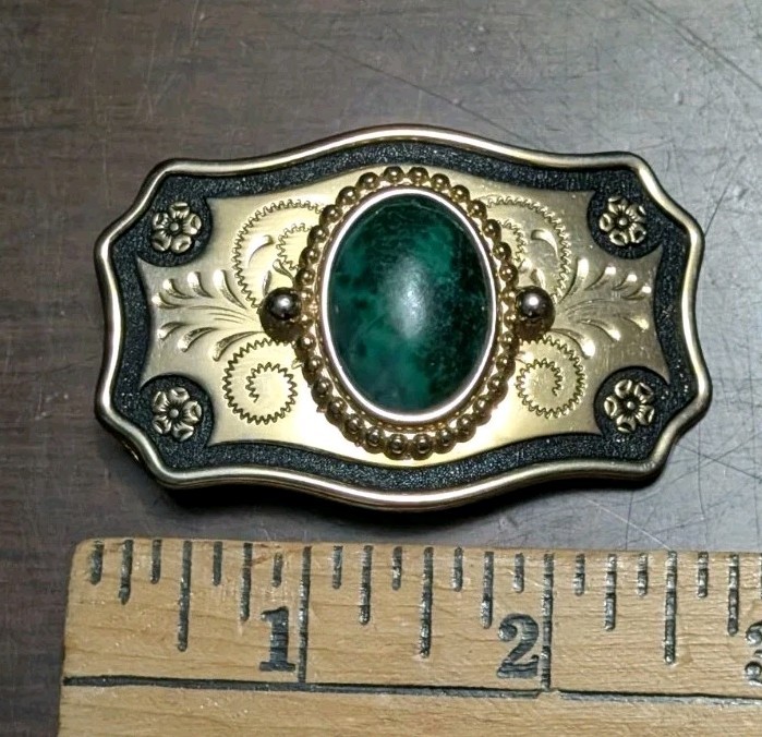Vtg Southwestern Emerald Green Gem Stone Gold Tone With Black Belt Buckle
