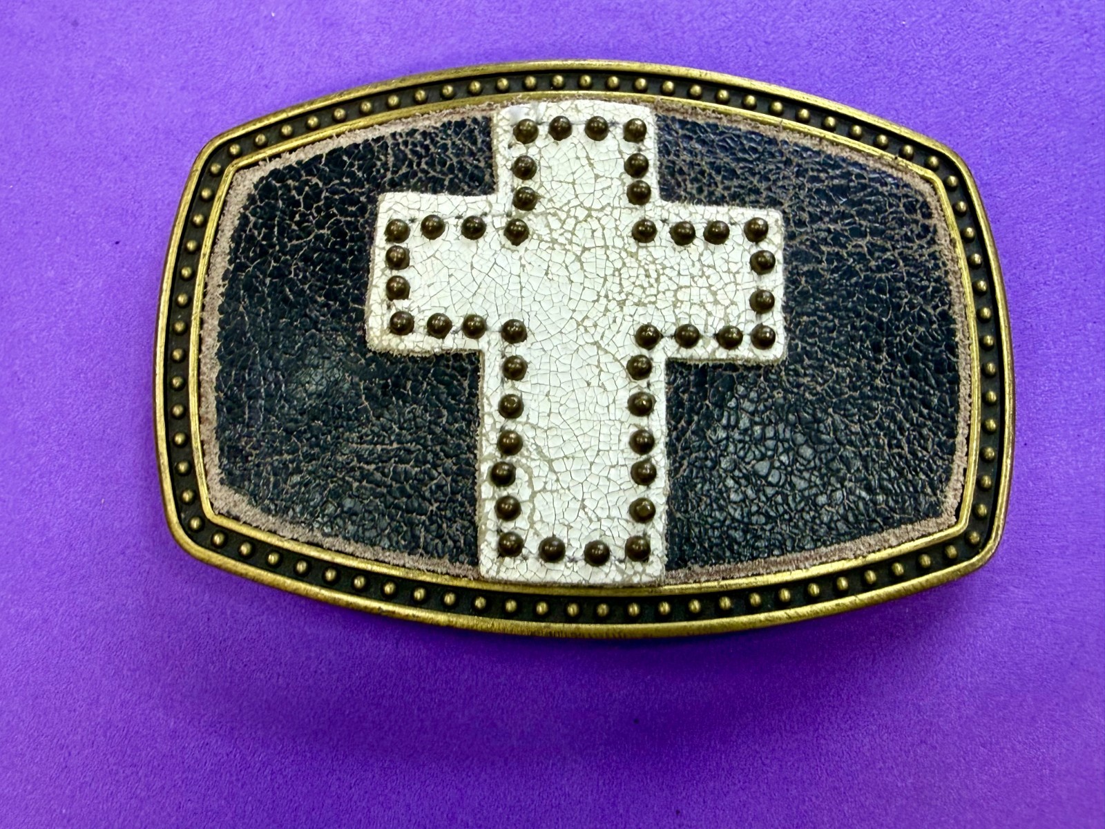Metallic Theme Religious Cross Studded Design on White Faux Leather Belt Buckle