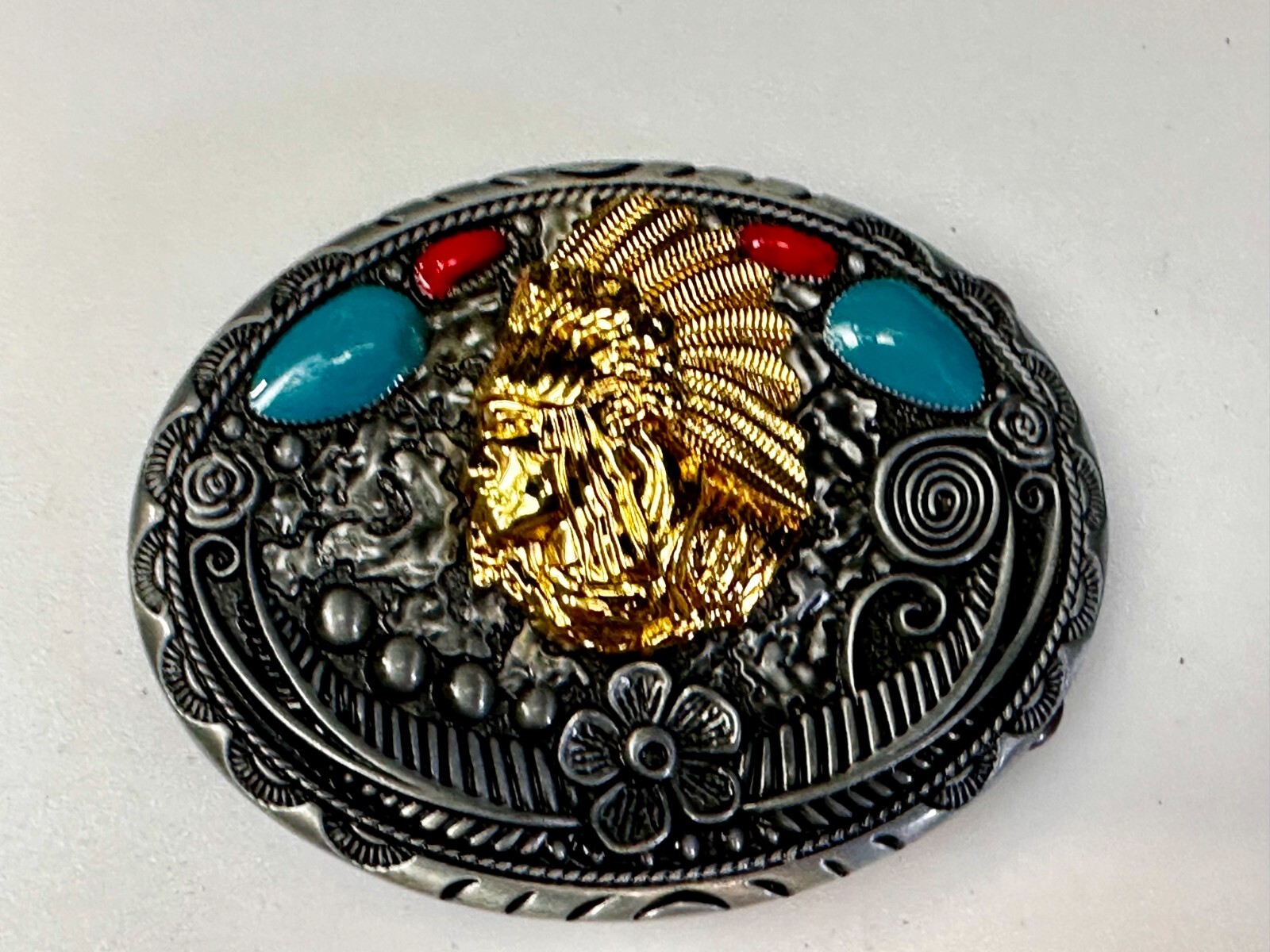 Native American Indian Chief in Head Dress Faux Turquoise & Coral Belt Buckle
