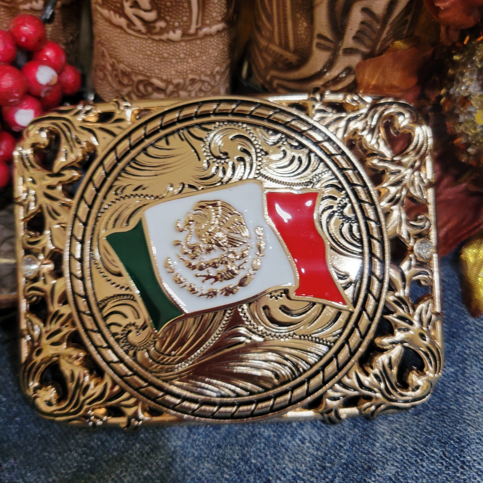 Mexican Flag Western Cowboy Belt Buckle Hebilla Vaquera Rodeo Bandera De Mexico