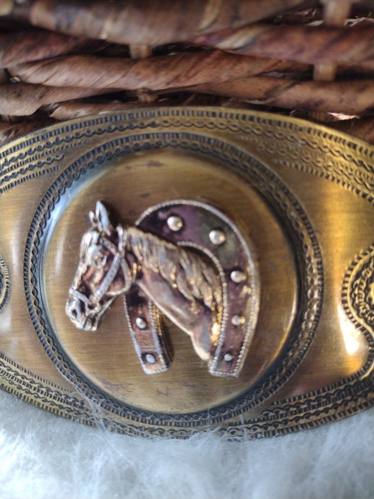 Vtg Horse Head Belt Buckle With Horseshoe Collar Brass Tone Japan