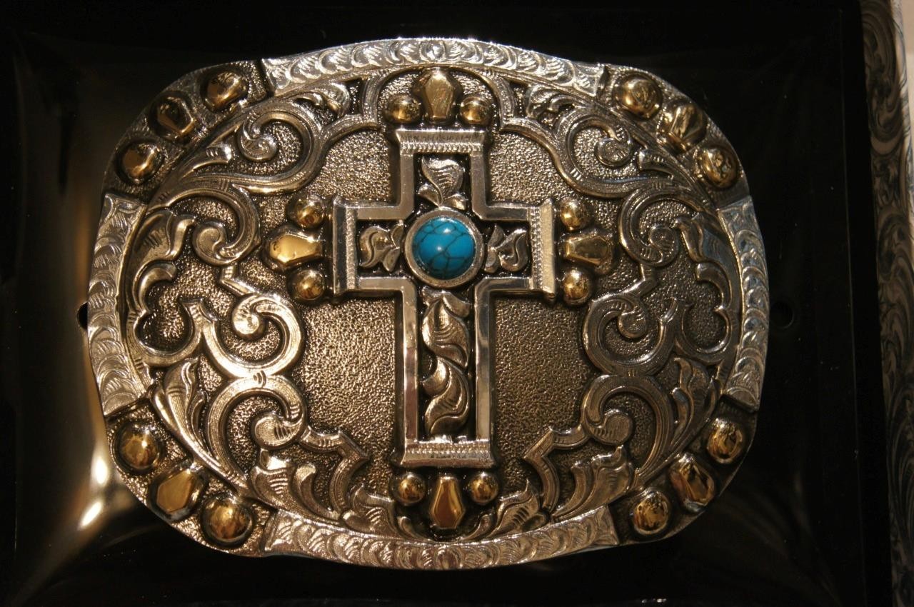 Crumrine Western Belt Buckle Cross Stone Bead Accents Silver C10021